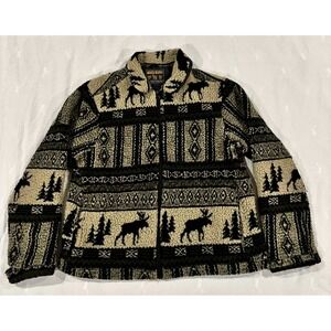 VTG Woolrich Womens Fleece Jacket Olive Green Moose Sherpa Zip Made in USA L